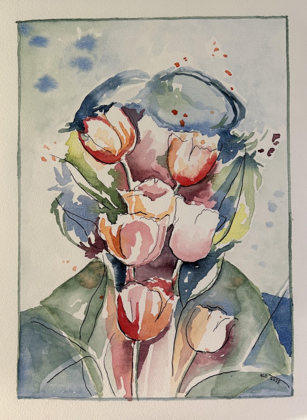 <b>Tulpen Selfie</b> <br>2025-11-21, Aquarel (30x40 cm)<div class='commentArea'><pre >De opdracht was om een silhouet van een portret of wat anders in te vullen met wat anders. Mijn portret werd opgevuld met tulpen. Aquarel met inkt </pre></div><br>